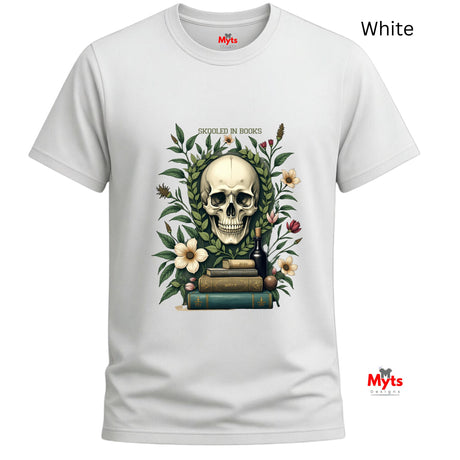 White t-shirt with a skull and books design on a white background