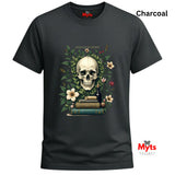 Charcoal  t-shirt with a skull and floral design on a white background