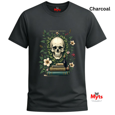 Charcoal  t-shirt with a skull and floral design on a white background