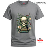 Sports Gray t-shirt with a skull and books design on a white background