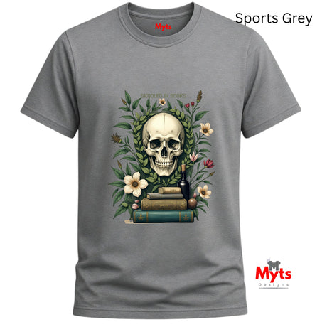 Sports Gray t-shirt with a skull and books design on a white background