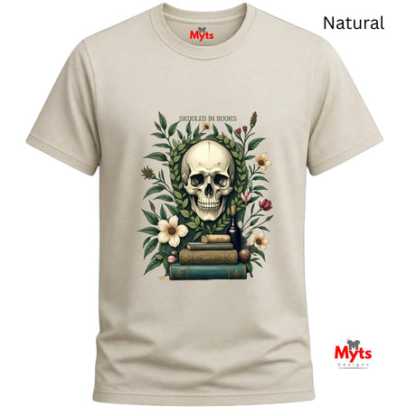 Natural t-shirt with a skull and books design on a white background