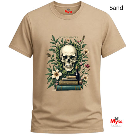 Sand t-shirt with a skull and floral design on a white background