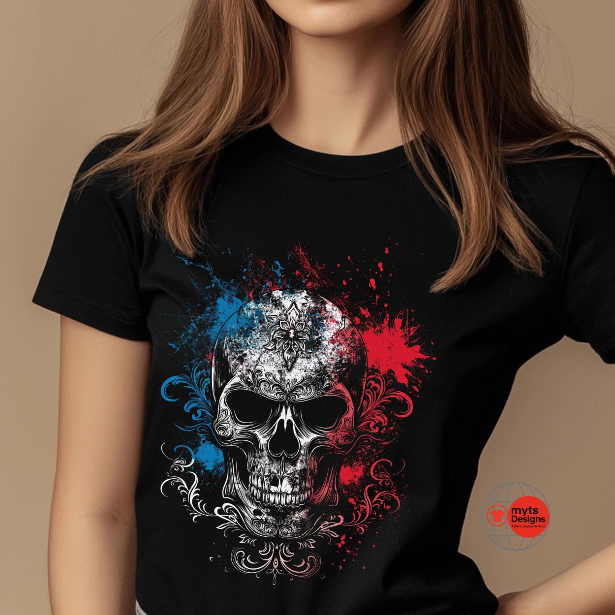 Black t-shirt with a skull design featuring blue and red splashes, worn by a person.