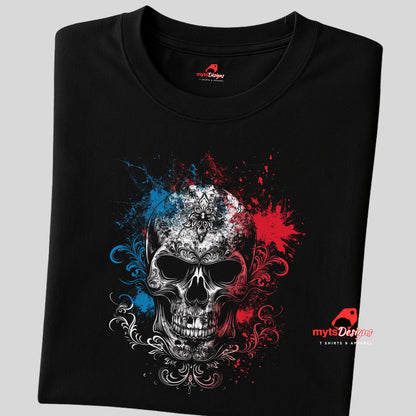 Black t-shirt with a skull design featuring red and blue splashes on a gray background