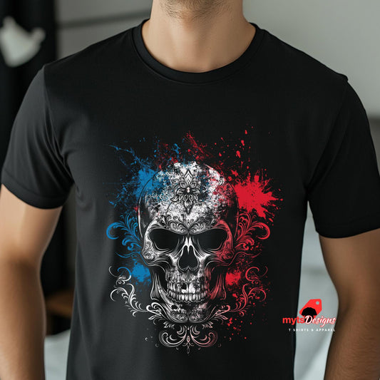Black t-shirt with a colorful skull design worn by a person