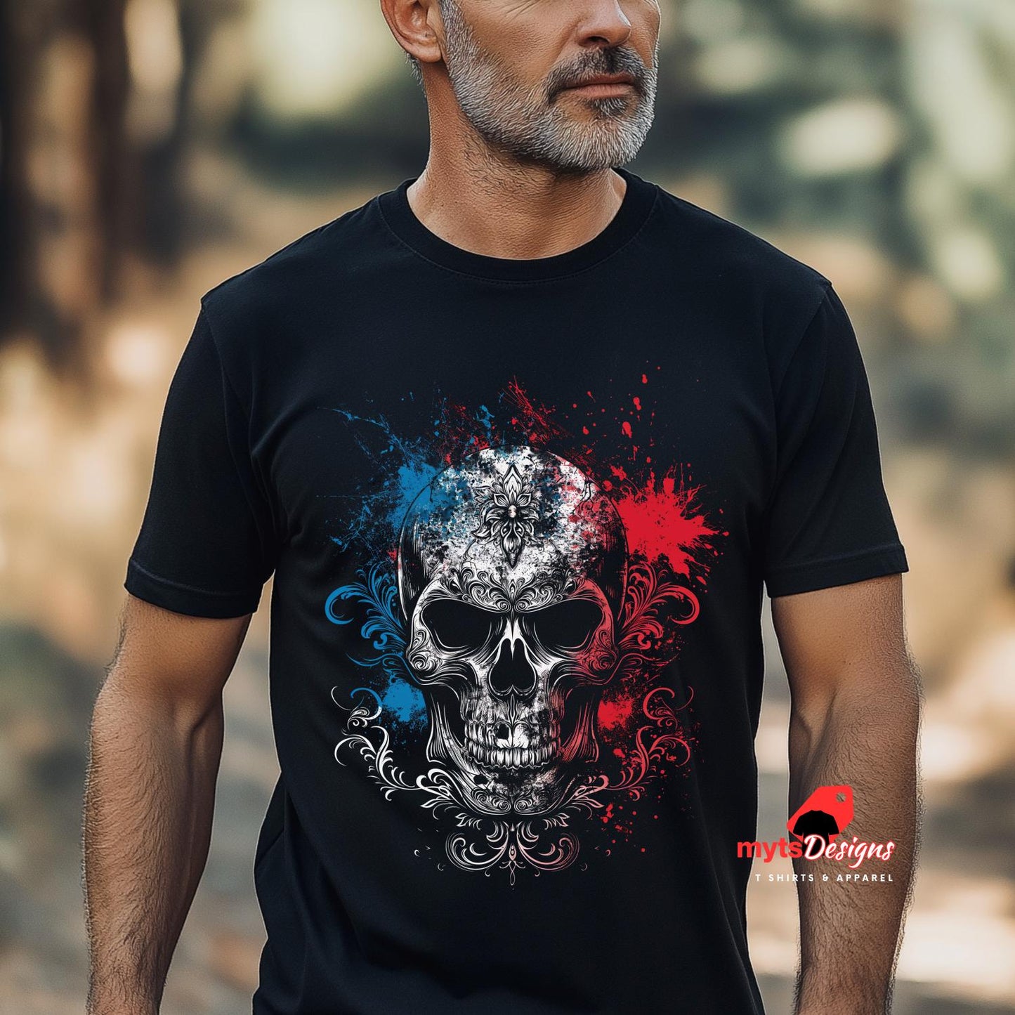 Man wearing a black t-shirt with a colorful skull design outdoors
