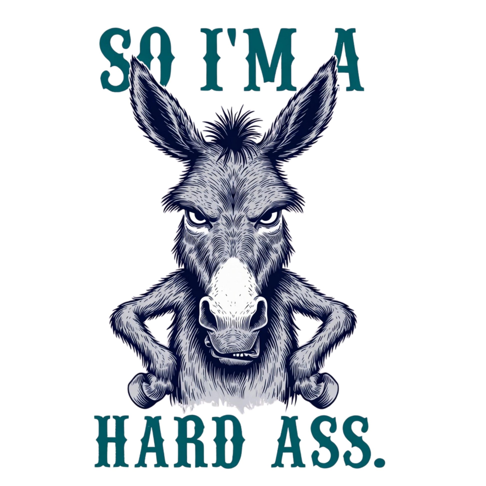 Donkey graphic with text 'So I'm a hard ass.' on a white background