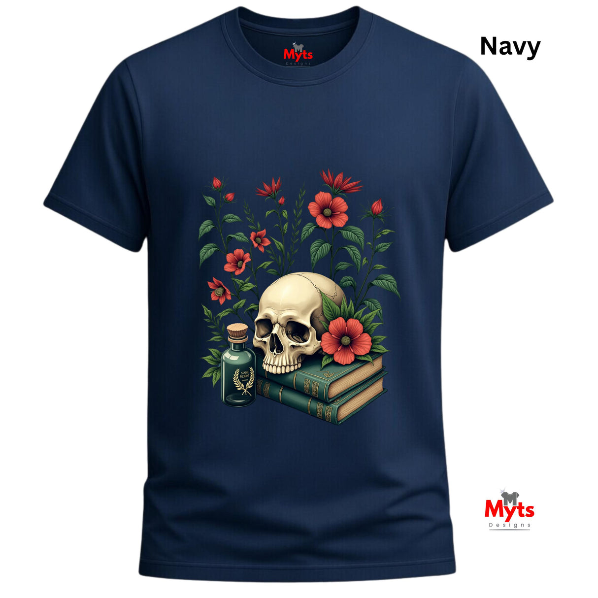 Navy blue t-shirt with a skull and floral design on a white background