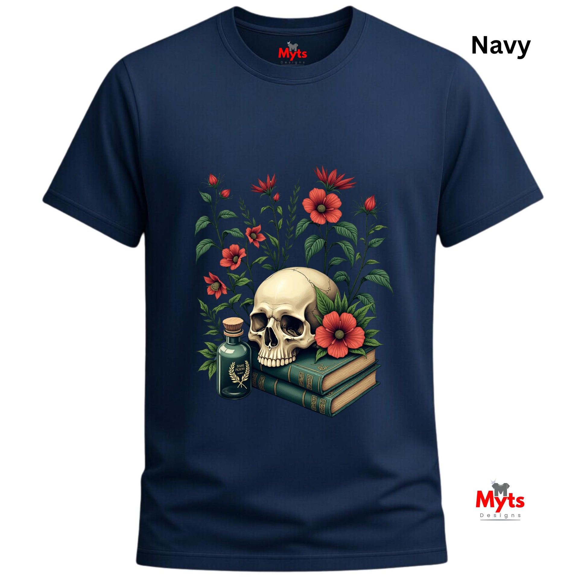 Navy blue t-shirt with a skull and floral design on a white background