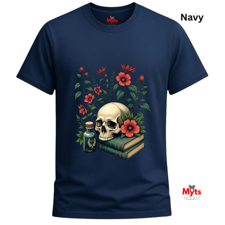 Navy blue t-shirt with a skull and floral design on a white background