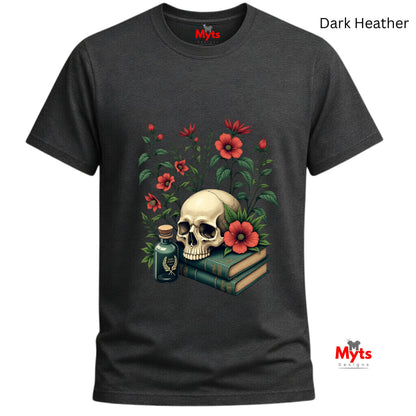Dark Heather t-shirt with skull and flowers design on a white background