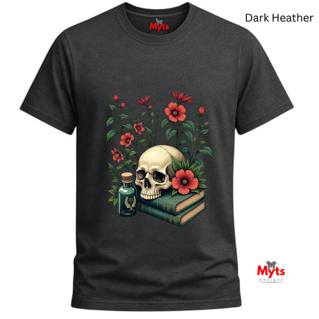 Dark Heather t-shirt with skull and flowers design on a white background