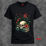 Black t-shirt with a skull and floral design on a gray background
