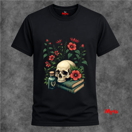Black t-shirt with a skull and floral design on a gray background