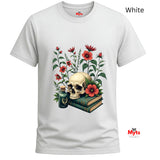 White t-shirt with a skull and floral design on a white background