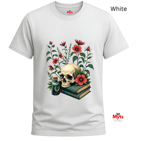 White t-shirt with a skull and floral design on a white background