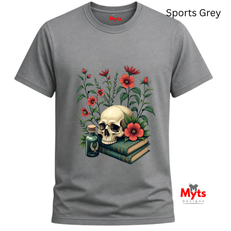 Gray t-shirt with a skull and flowers design on a white background