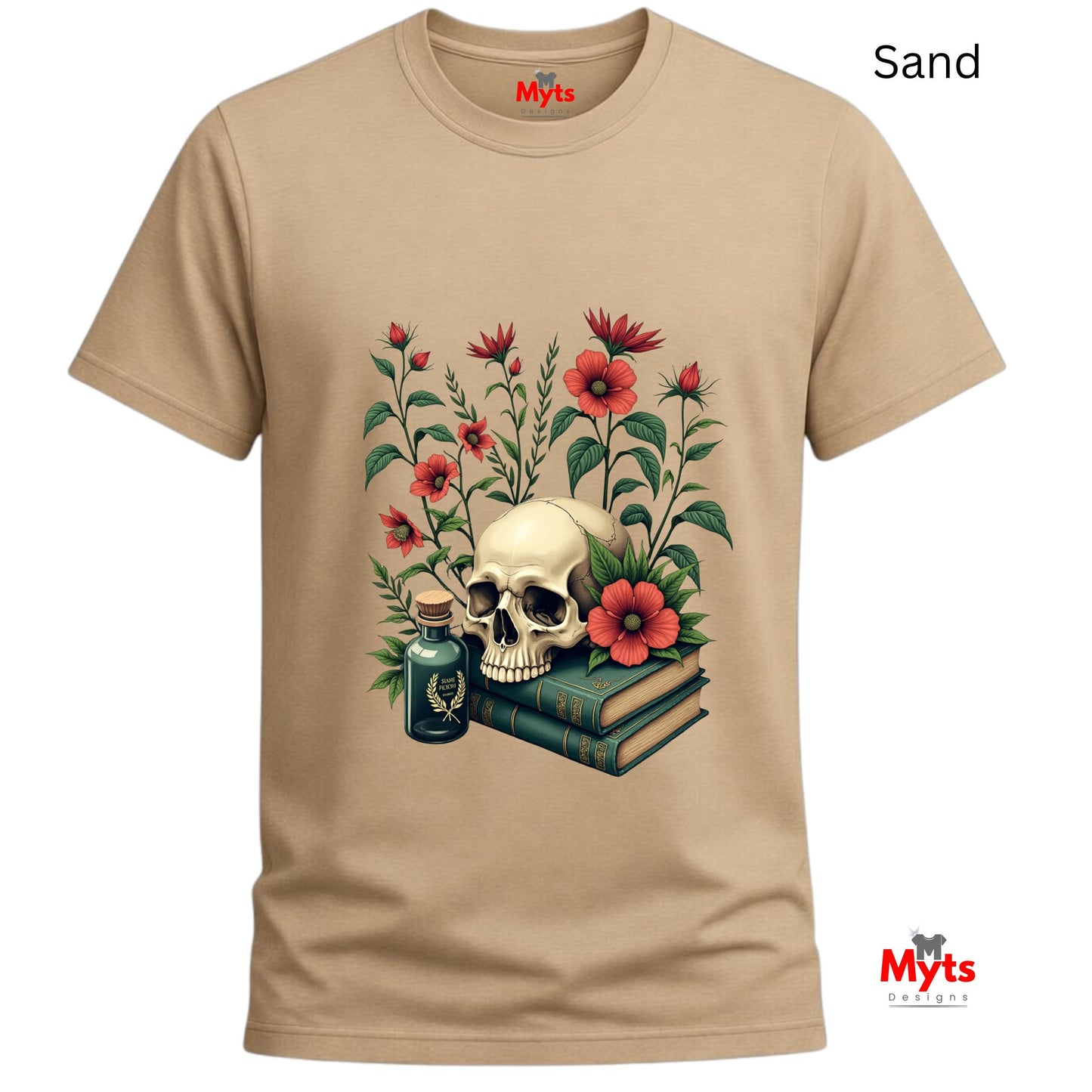 Sand t-shirt with a skull and floral design on a white background