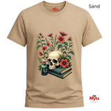 Sand t-shirt with a skull and floral design on a white background