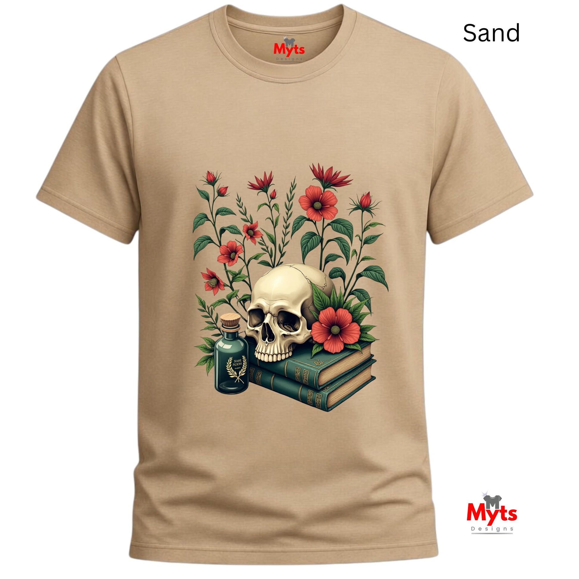 Sand t-shirt with a skull and floral design on a white background