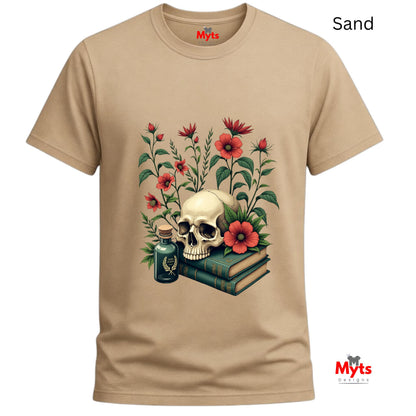 Sand t-shirt with a skull and floral design on a white background