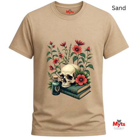 Sand t-shirt with a skull and floral design on a white background