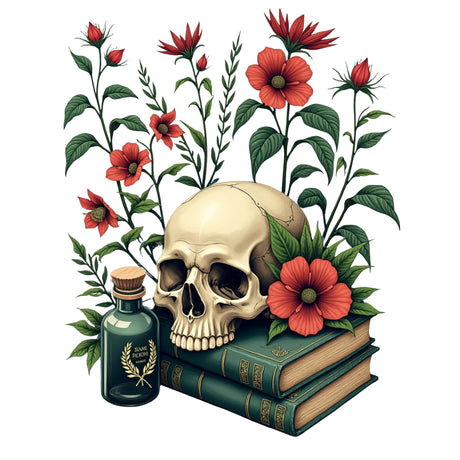 Illustration of a skull, books, and flowers on a white background
