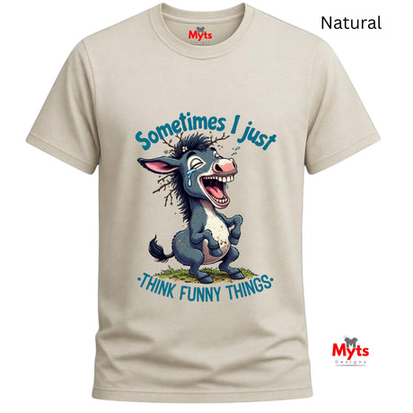 Natural t-shirt with a cartoon donkey and humorous text on a white background