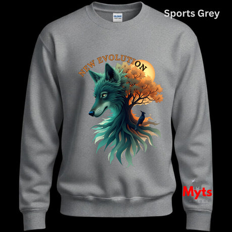 A gray crewneck sweatshirt featuring a graphic print of a wolf and a tree with autumn leaves, with the text 'NEW EVOLUTION ON' arched above. The sweatshirt is displayed on a black background with 'Sports Grey' text at the top right and a 'Myts' watermark at the bottom right.