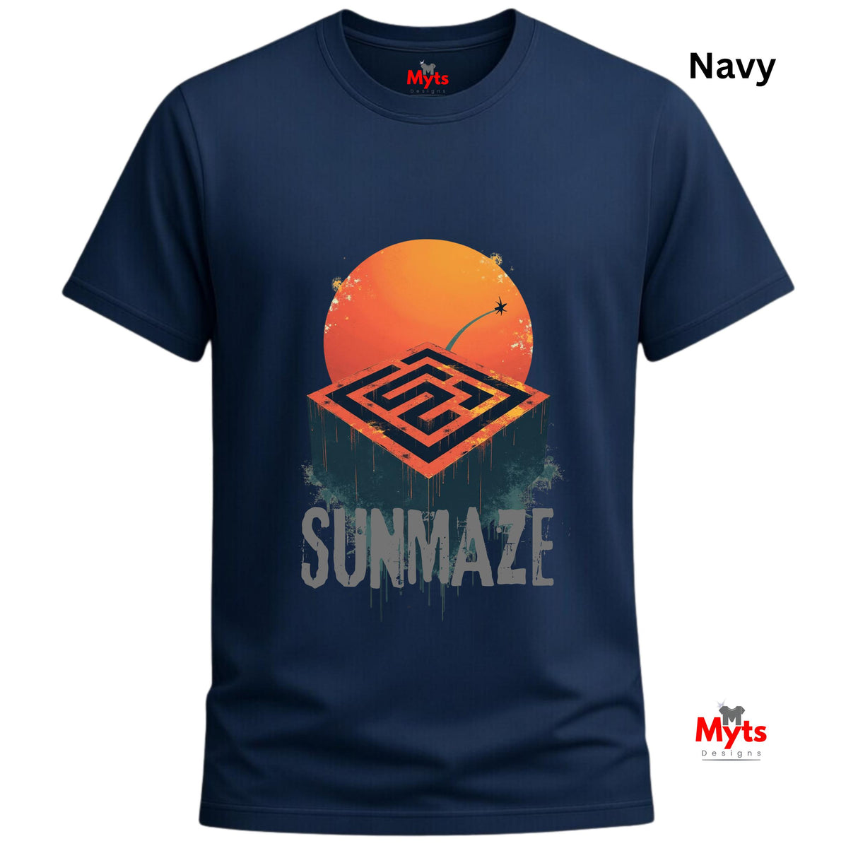Navy t-shirt with orange and gray graphic design on a white background