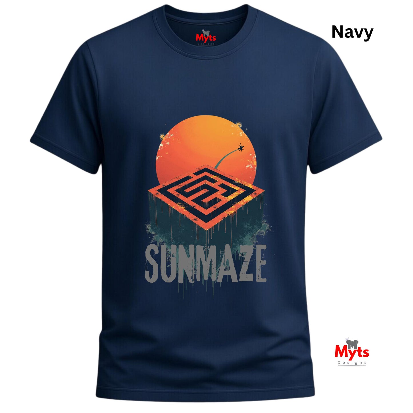 Navy t-shirt with orange and gray graphic design on a white background