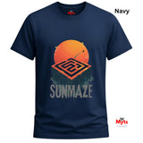 Navy t-shirt with orange and gray graphic design on a white background