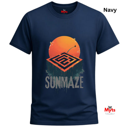 Navy t-shirt with orange and gray graphic design on a white background