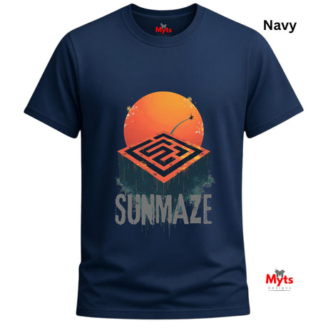 Navy t-shirt with orange and gray graphic design on a white background