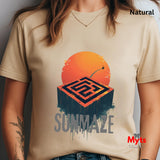 Natural t-shirt with 'Sunmaze' design featuring a sun and maze, worn by a person.