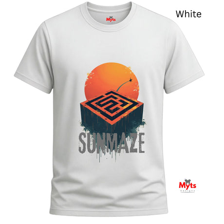 White t-shirt with 'Sunmaze' design featuring an orange circle and maze, on a white background.