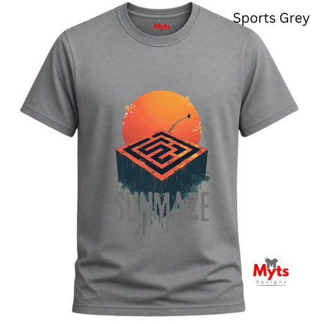 Gray t-shirt with orange and black design on a white background
