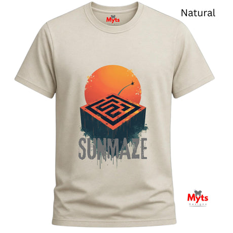 Natural t-shirt with 'Summaze' design featuring an orange circle and maze on a white background.