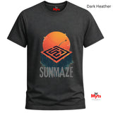 Dark Heather t-shirt with orange sun and geometric design on a white background