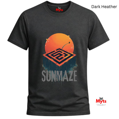 Dark Heather t-shirt with orange sun and geometric design on a white background