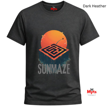 Dark Heather t-shirt with orange sun and geometric design on a white background