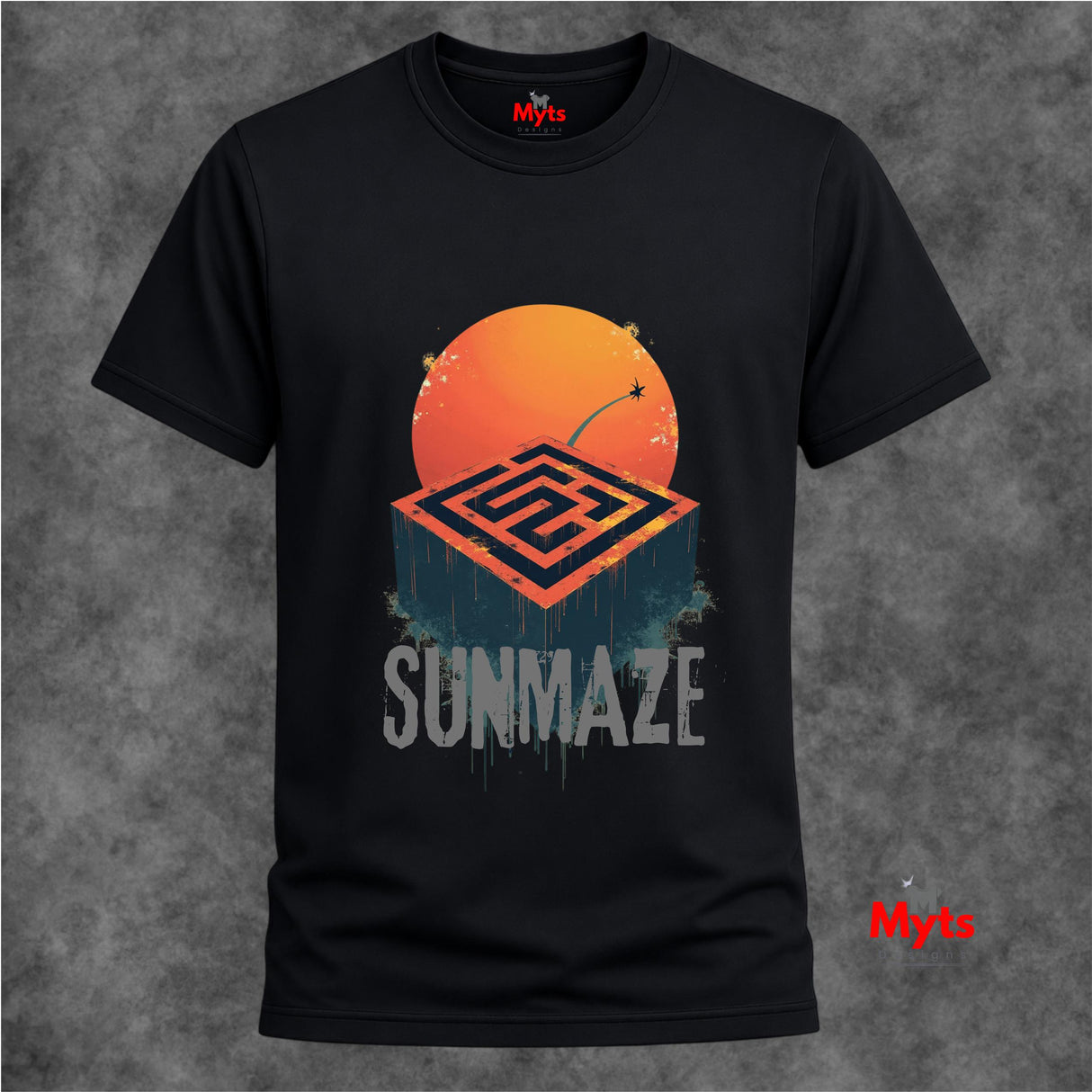 Black t-shirt with 'Sunmaze' design featuring an orange circle and geometric shapes on a textured gray background.