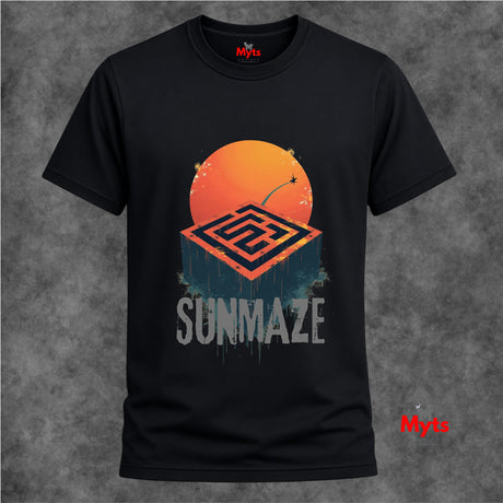 Black t-shirt with 'Sunmaze' design featuring an orange circle and geometric shapes on a textured gray background.