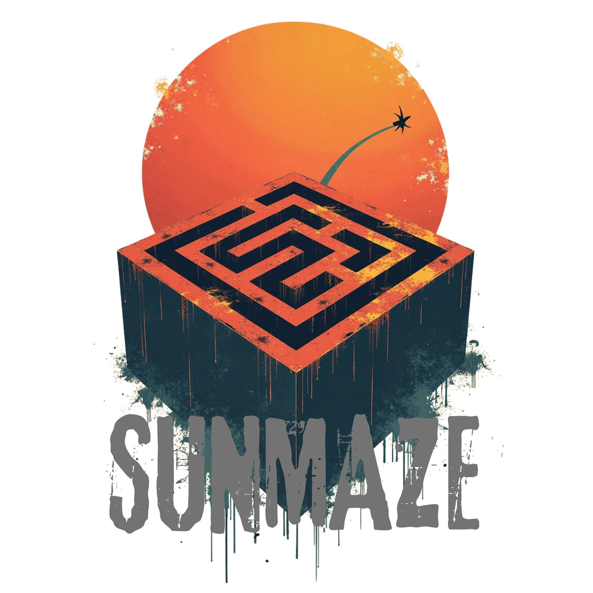 Logo with a maze design and 'SUMMAZE' text against an orange sun background