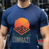 Navy t-shirt with orange and black graphic design on a blurred background