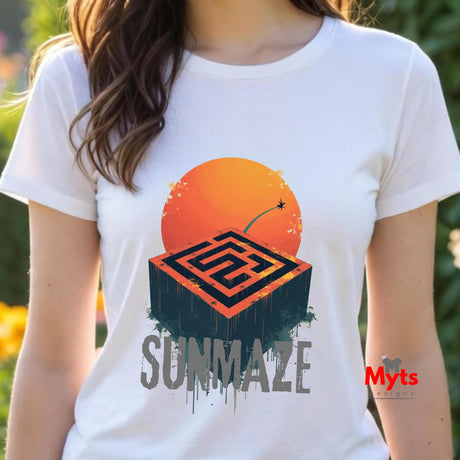 Person wearing a white t-shirt with a graphic design and 'Myts' branding.