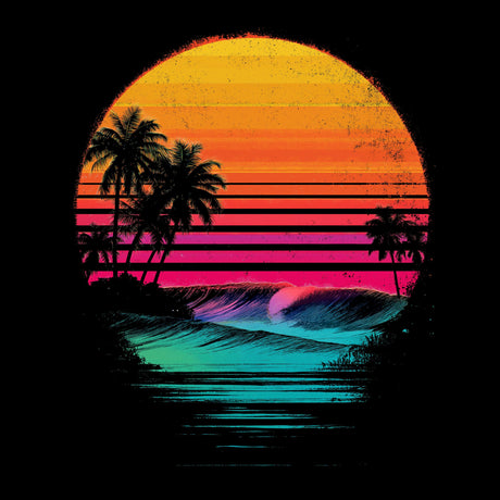 Sunny beach scene with palm trees and a colorful sunset