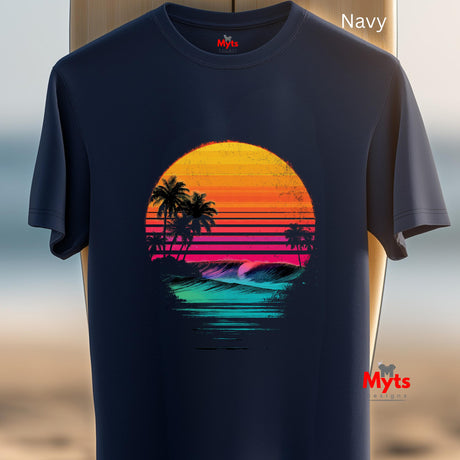 Navy t-shirt with a colorful sunset and palm tree design on a blurred beach background