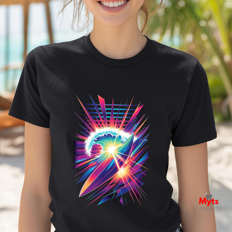 Person wearing a black t-shirt with a colorful graphic design outdoors.